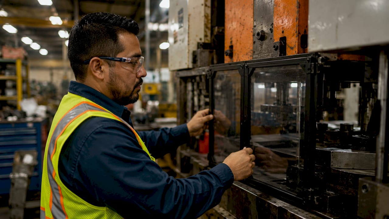 Machine operator inspecting safety guard on machine