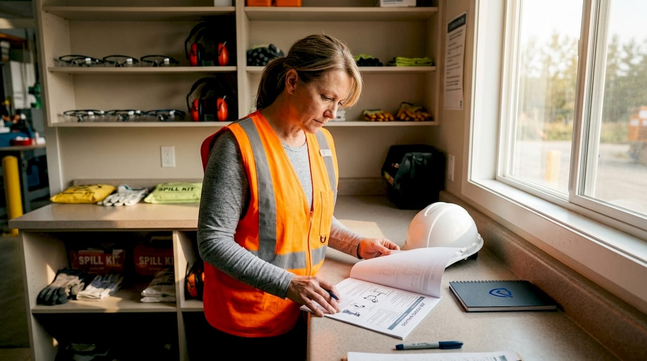 Safety supervisor reviewing hazard analysis papers