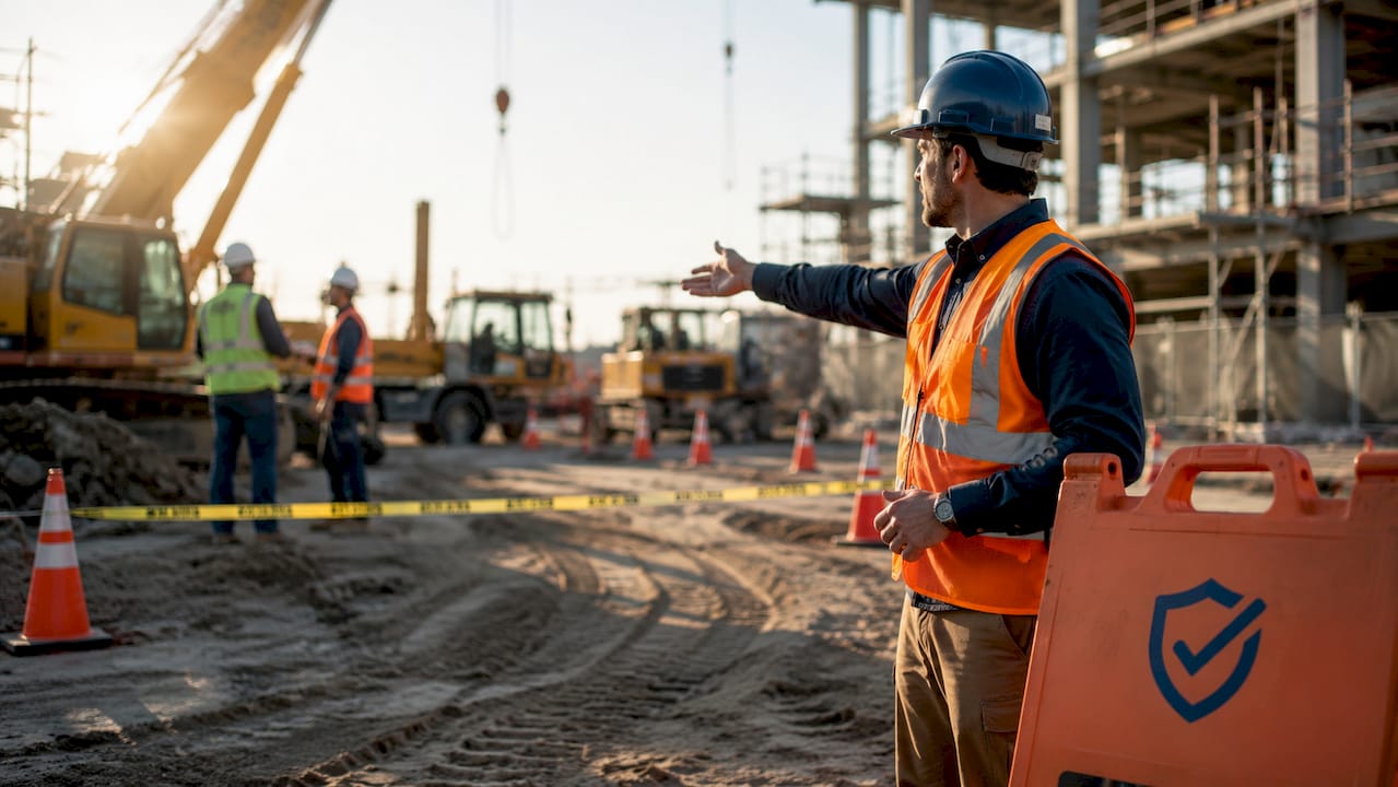 Overhead view of construction site safety coordination