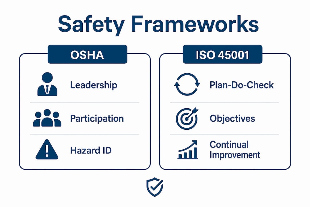 Infographic comparing OSHA and ISO 45001 safety frameworks