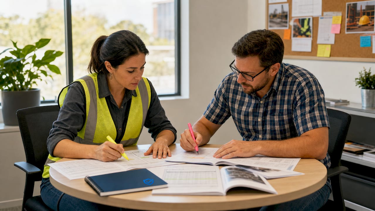 Two coordinators planning construction safety topics
