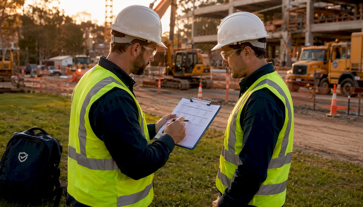Safety inspectors discussing near-miss report outdoors