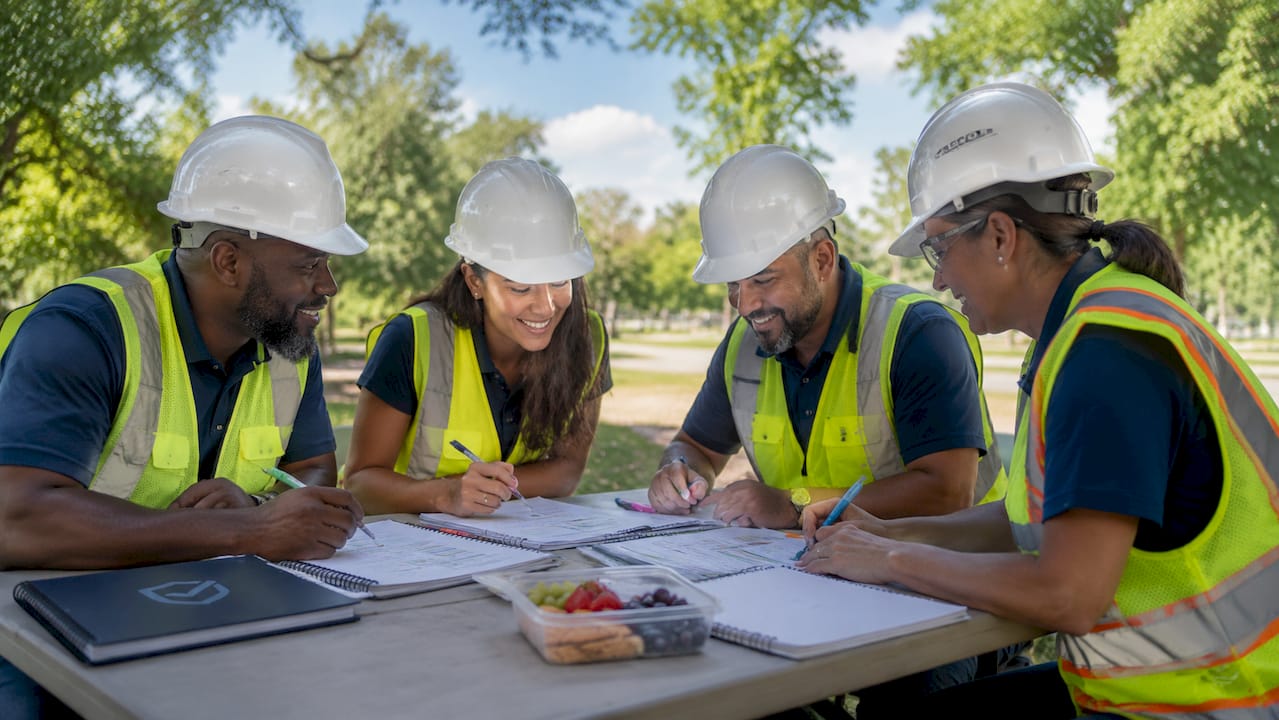 Construction workers reviewing digital safety training materials