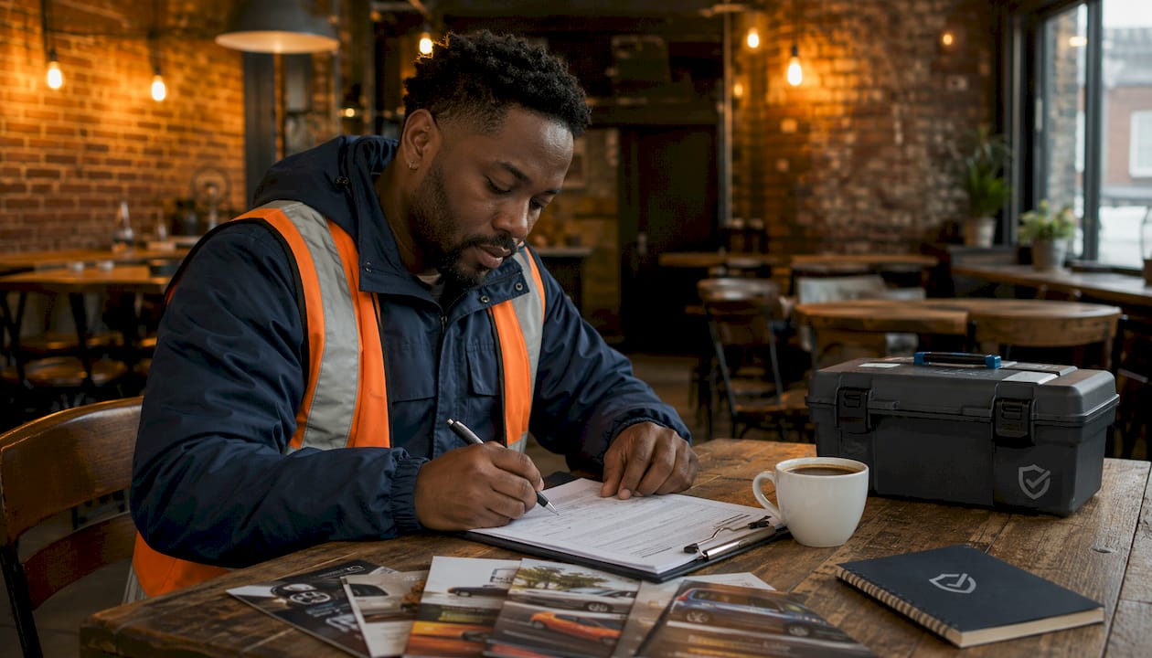 Close-up hands marking vehicle inspection checklist
