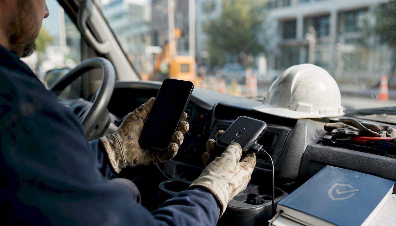 Technician connecting mobile safety device outdoors