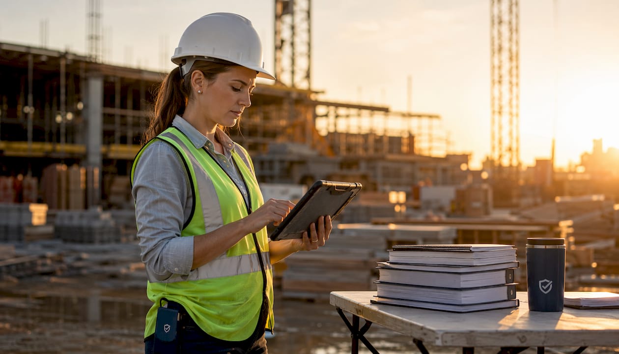 Hands using tablet at construction site
