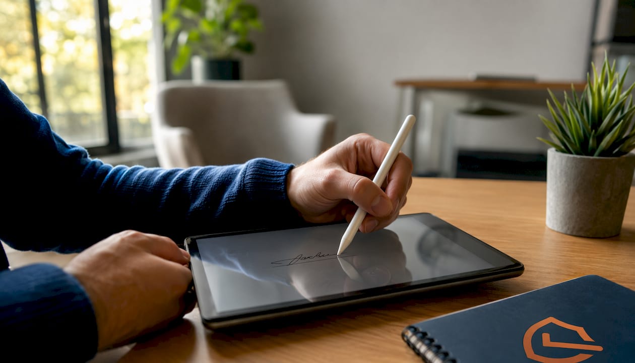 Hands signing digital attendance on tablet