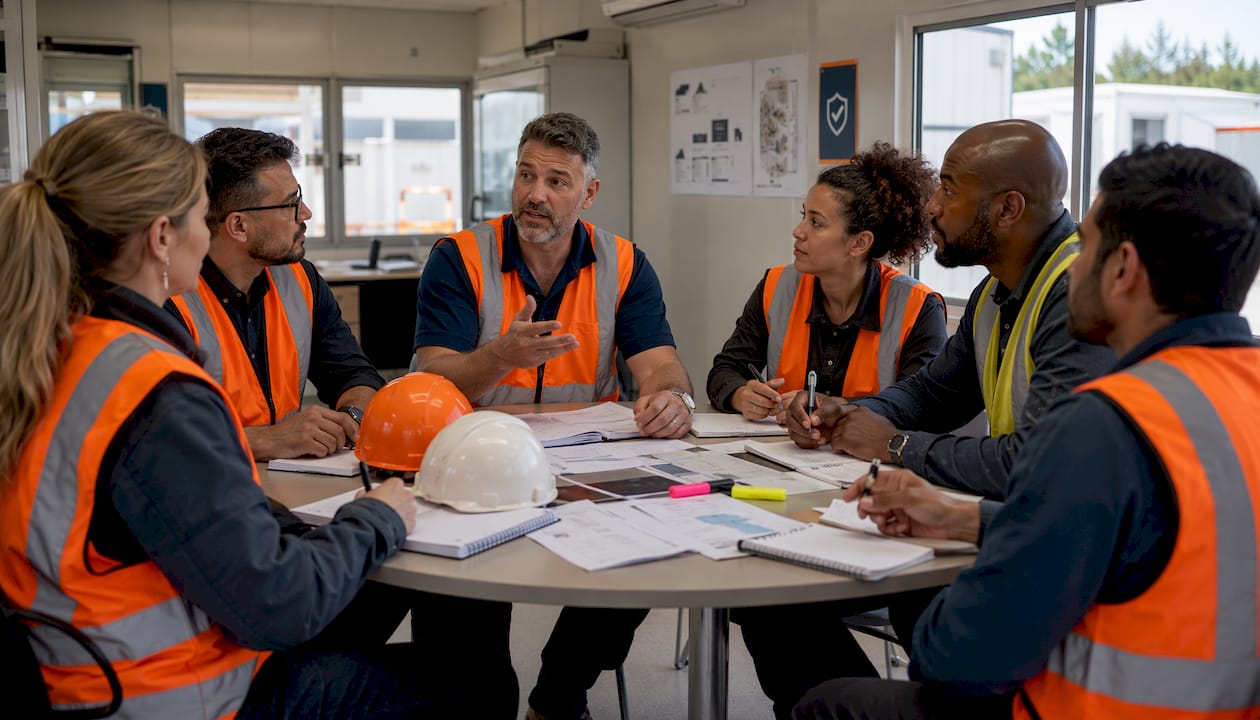 Group of supervisors holding safety meeting in trailer office