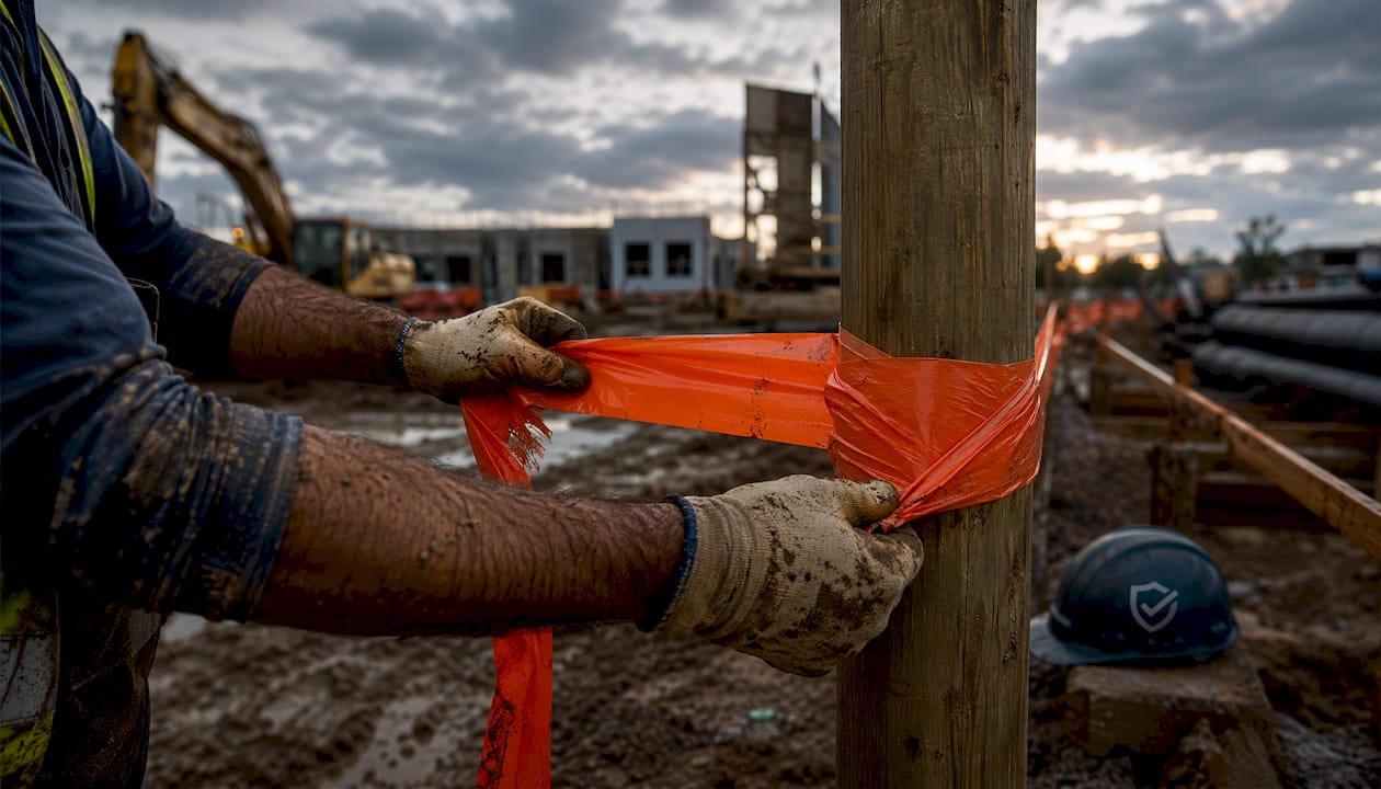 Hands securing construction hazard barrier tape