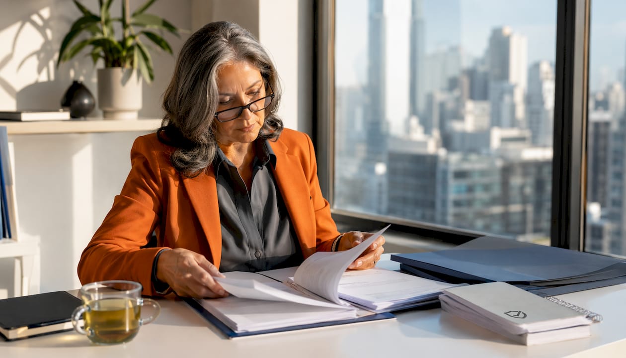 Project manager reviewing contractor documents indoors