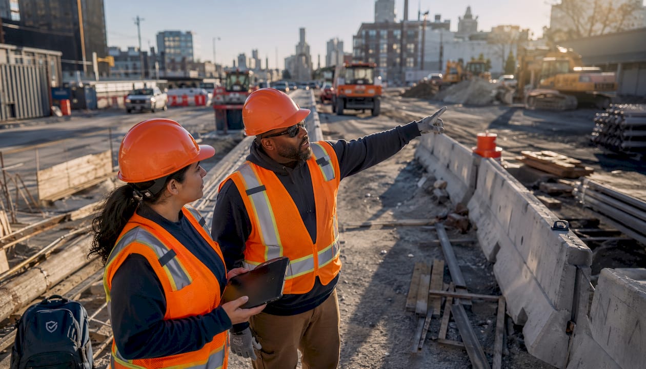 Public works crew discussing safety compliance outdoors