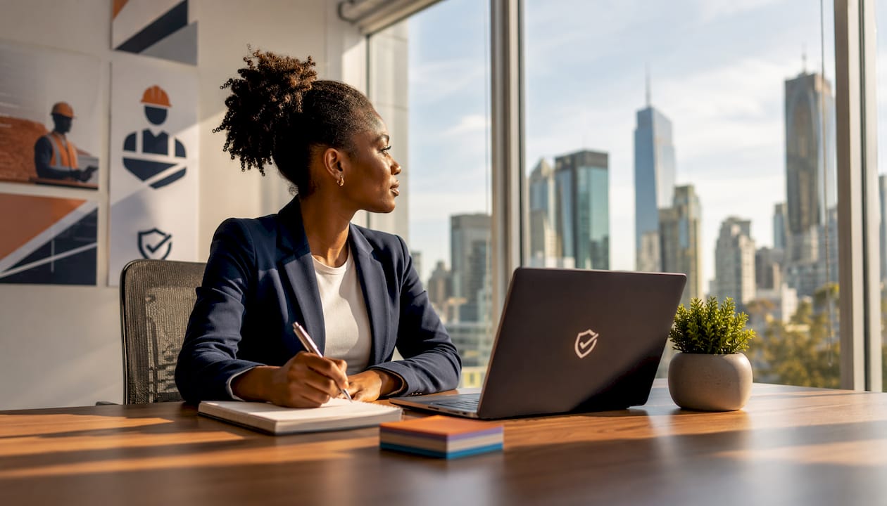Consultant reviewing AI briefing notes at desk