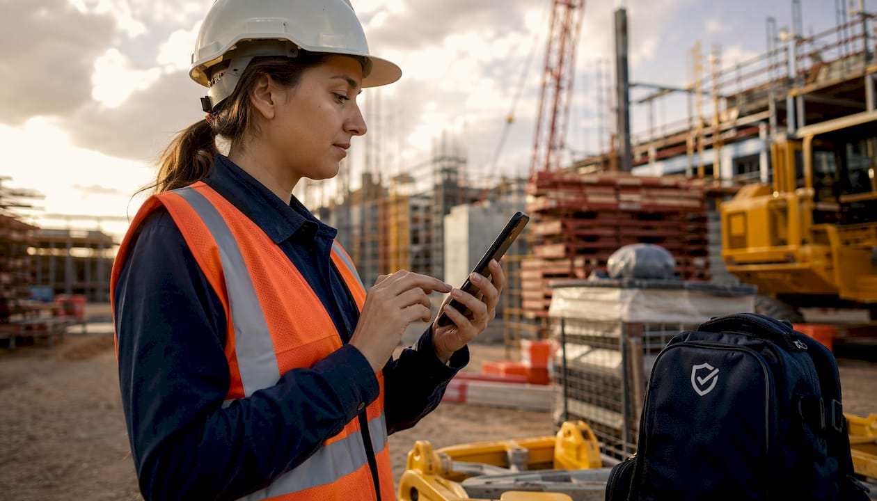 Woman using mobile safety app on construction site