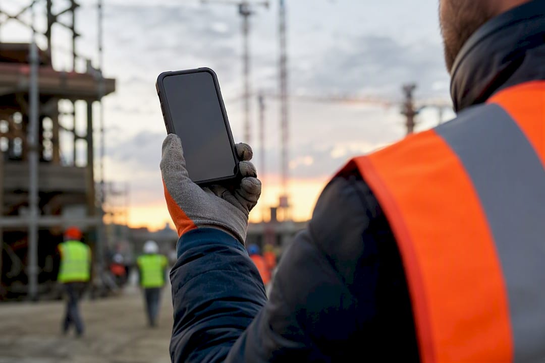 Gloved hand holding smartphone on construction site