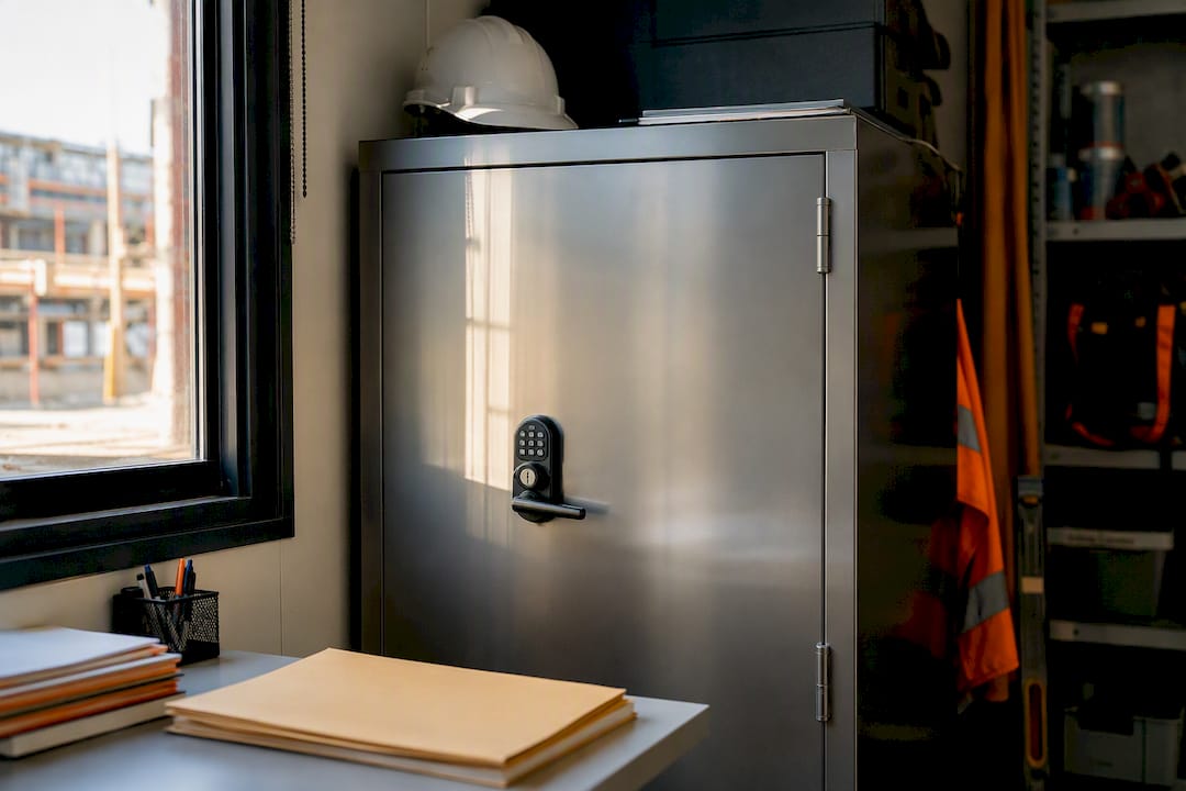 Locked filing cabinet with sealed folders in trailer