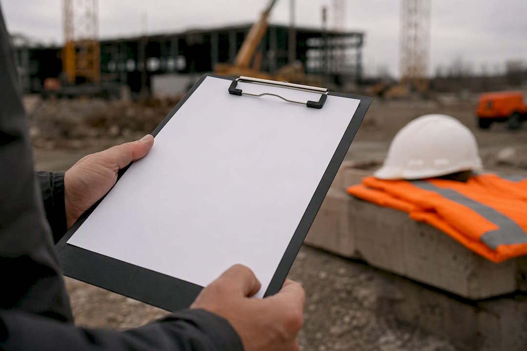 Clipboard with blank document on construction site