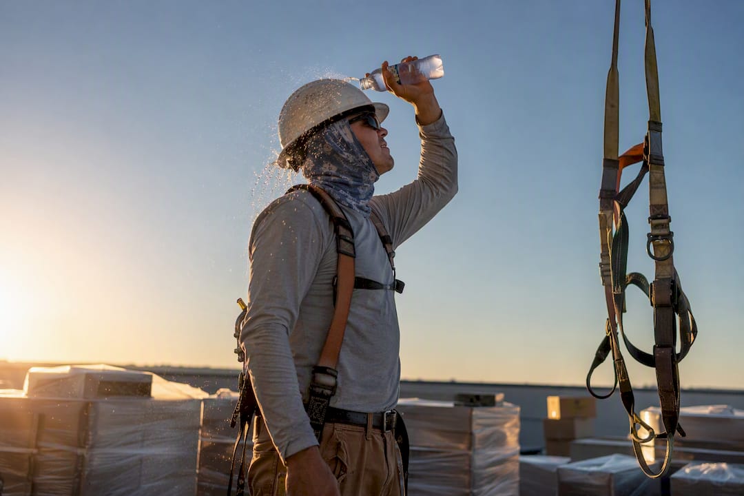 Worker spraying water for heat stress relief