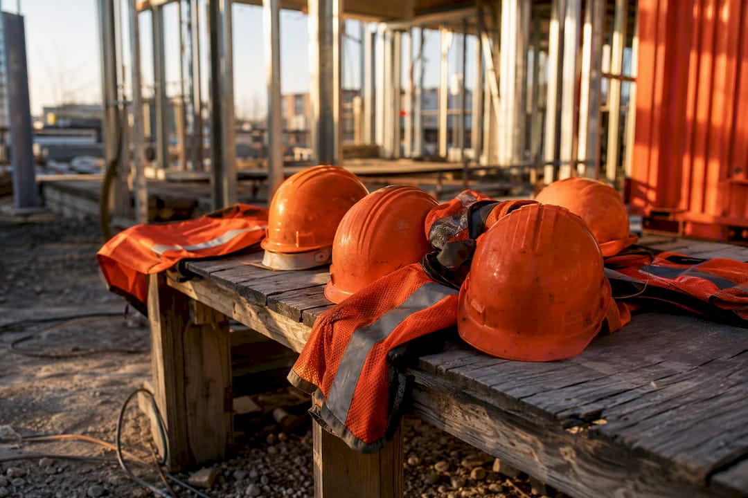 Stack of construction hard hats and safety vests on bench