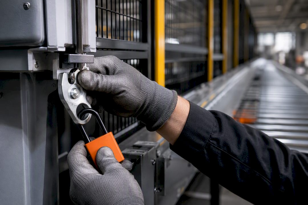 Lockout hasp securing an automated conveyor
