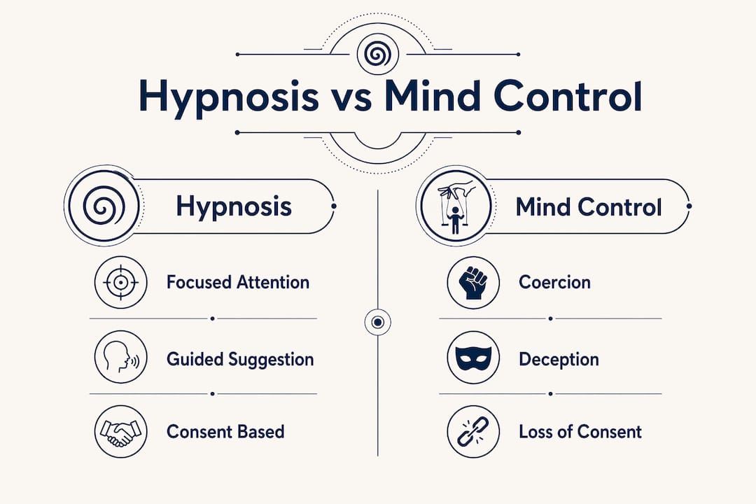 Infographic comparing hypnosis and mind control principles