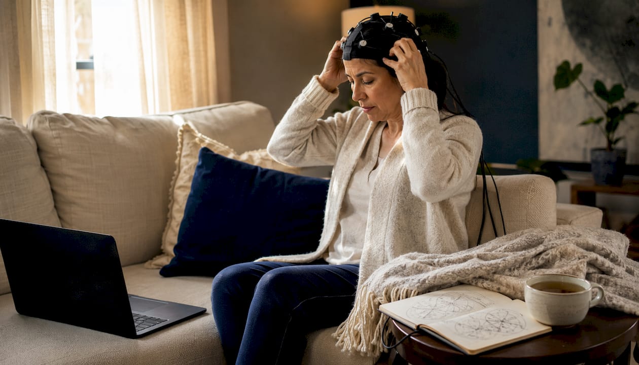 Hands fitting EEG headset on participant in lab