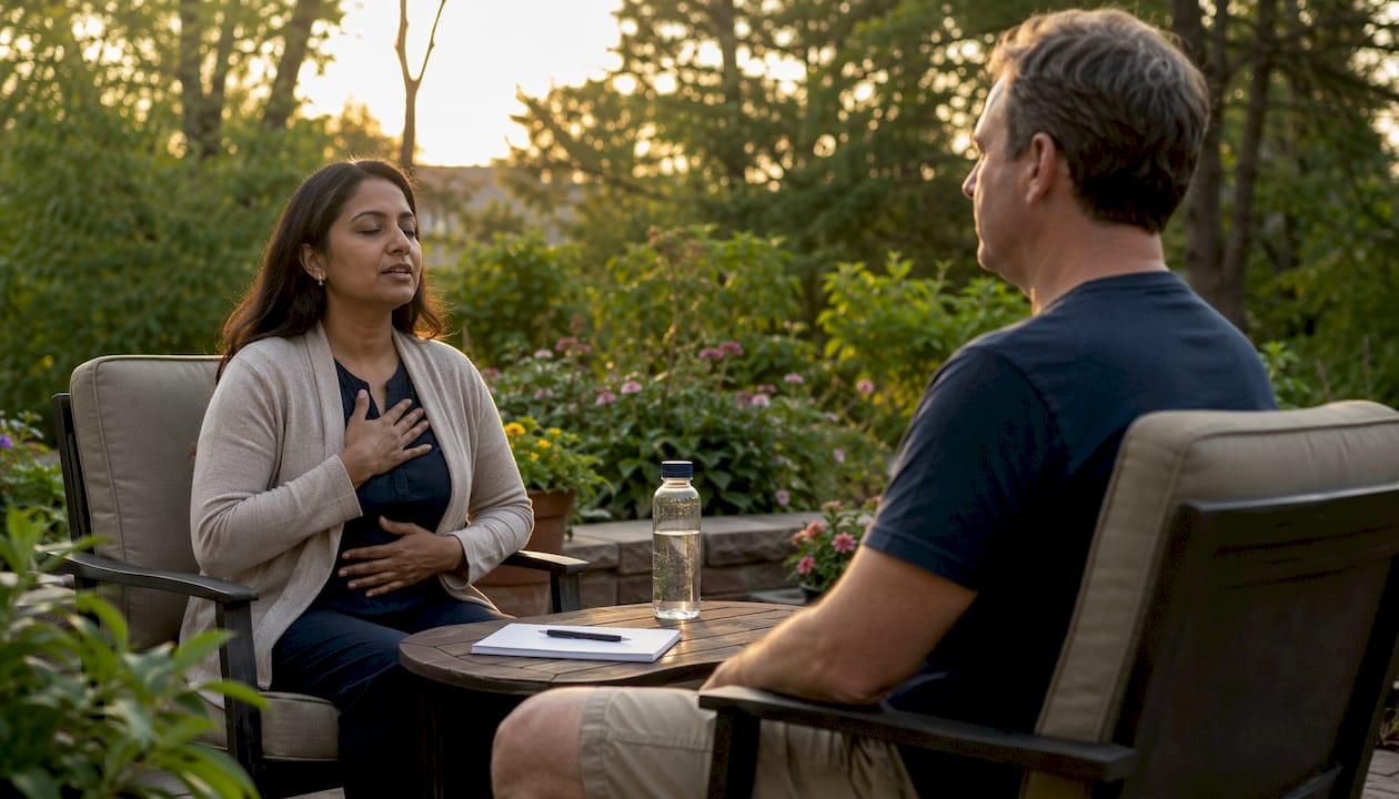 Hypnotherapist and patient in relaxed consultation