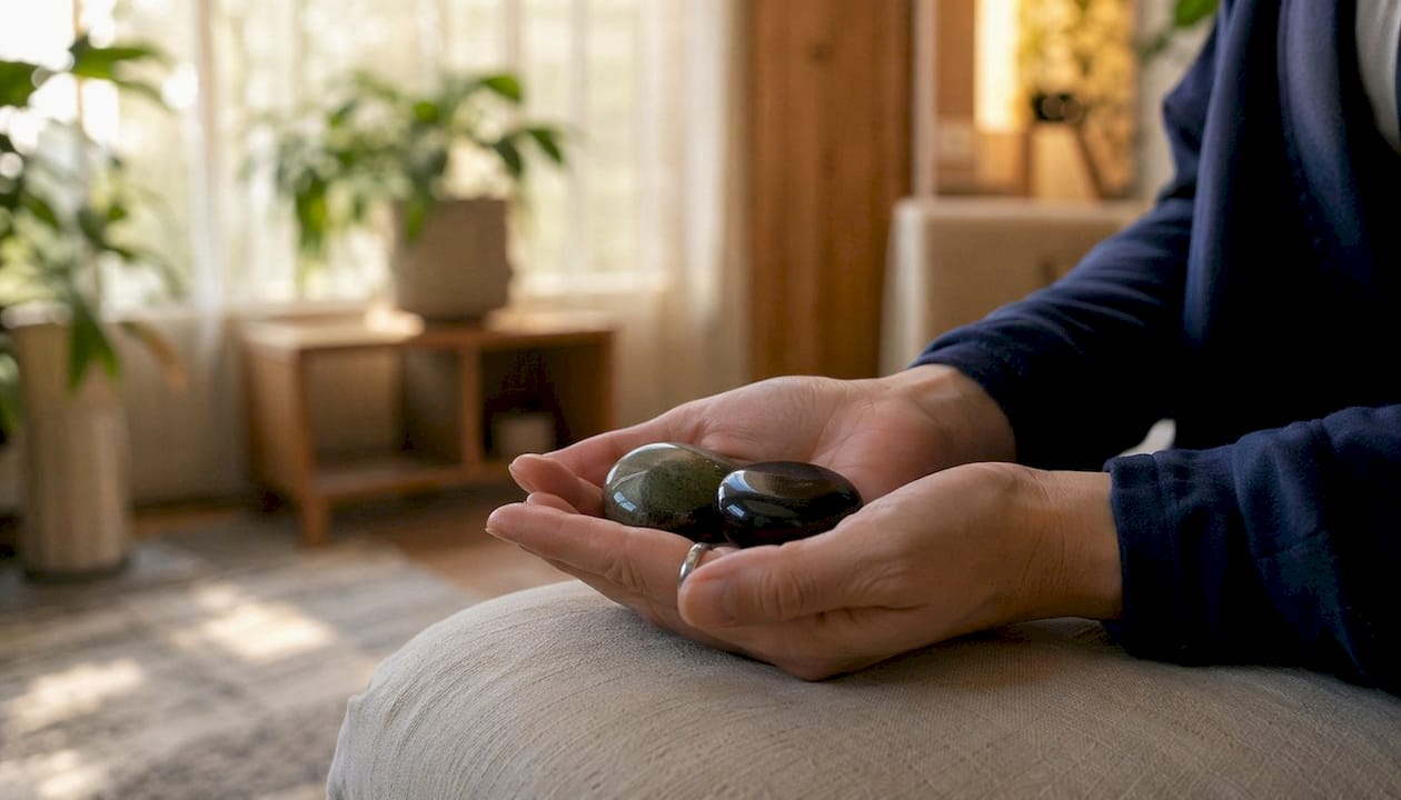 Hands holding calming stones in therapy session