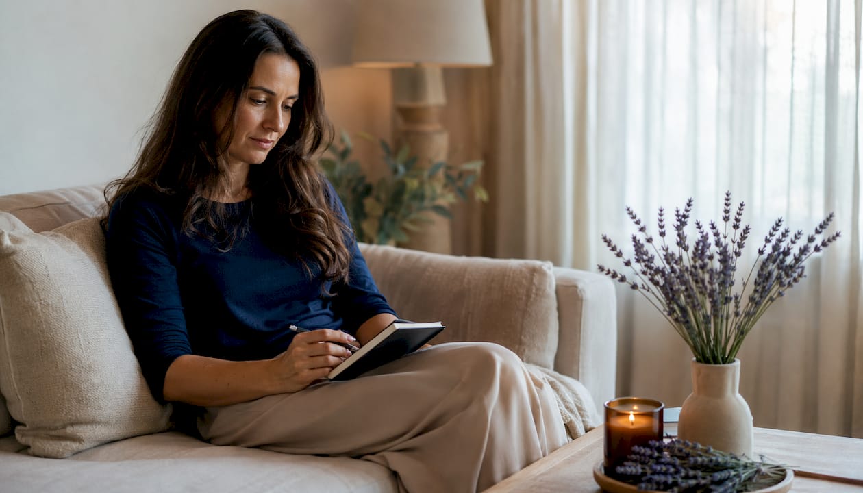 Hands holding notebook in calm therapy setting