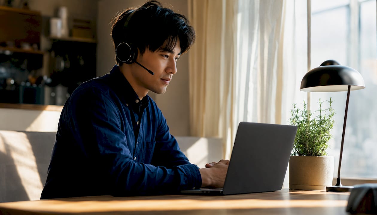 Man in home office during online hypnotherapy session