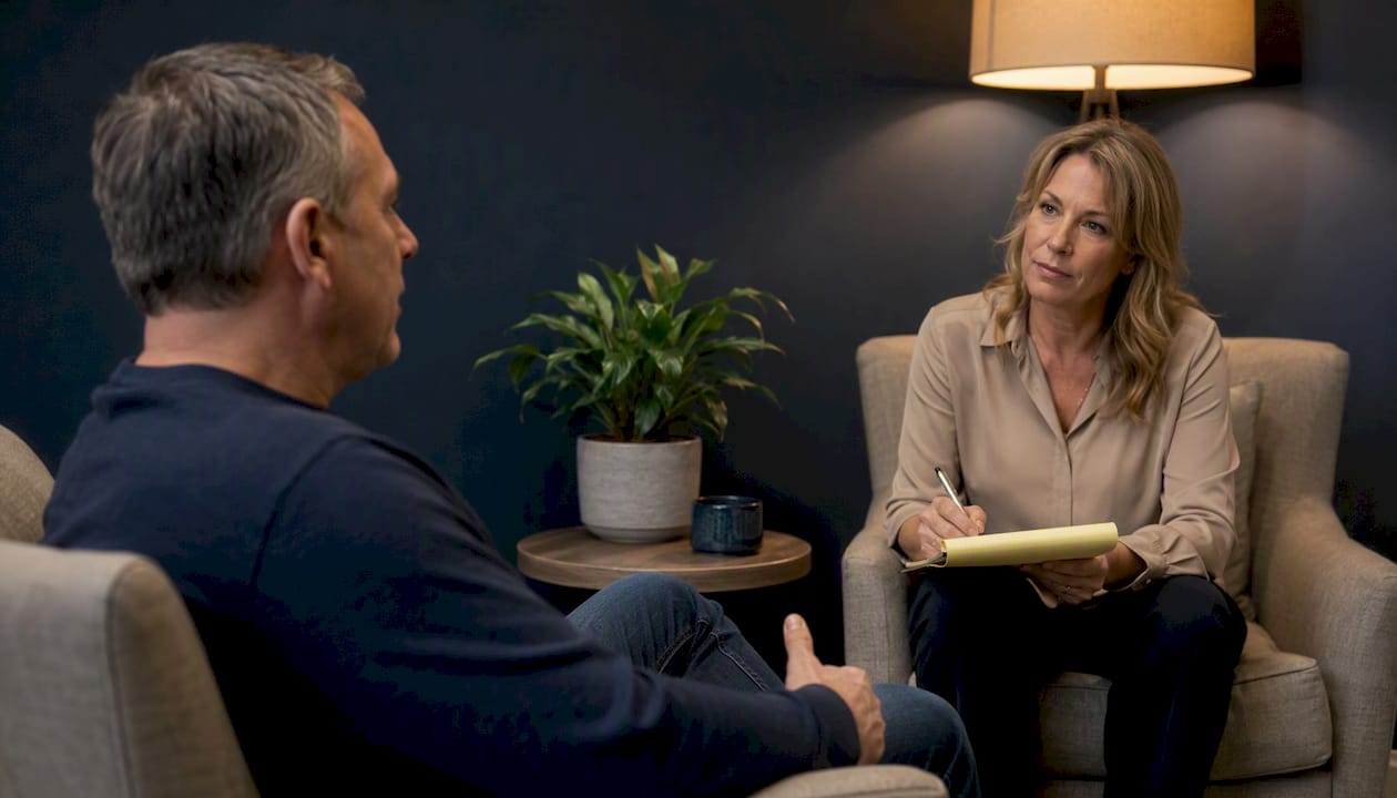 Client consulting hypnotherapist in office