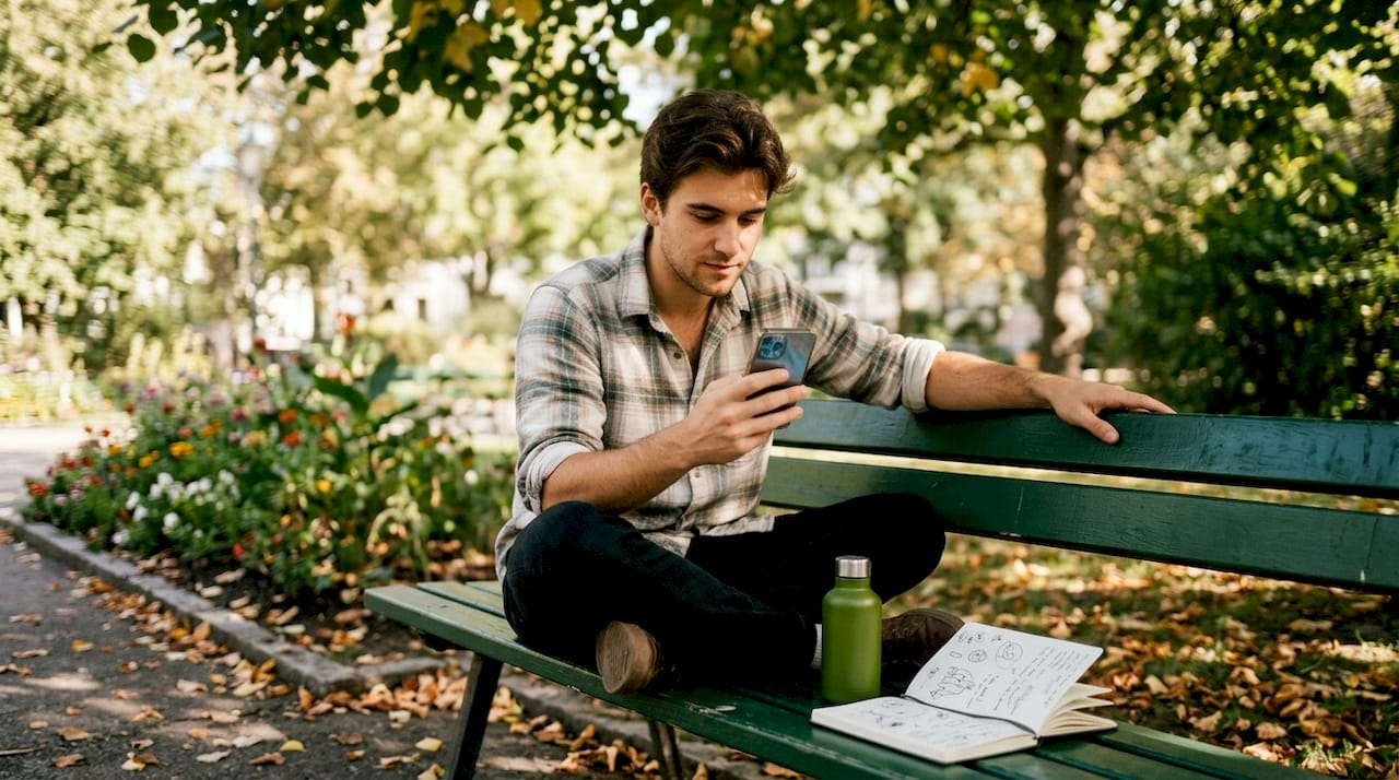 Young man sending supportive text in café