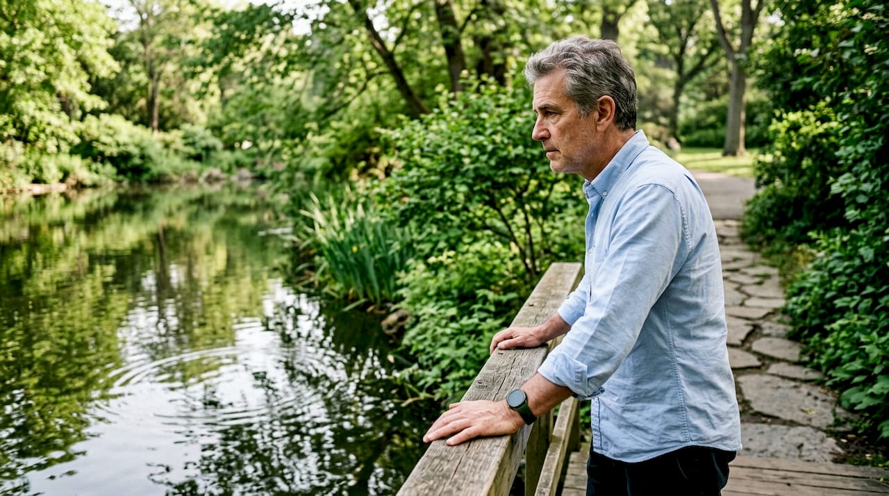 Man managing anxiety symptoms outdoors on bench