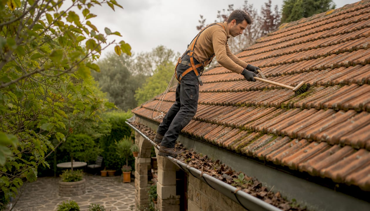 Vista aérea de un dron realizando la limpieza de un tejado en una vivienda