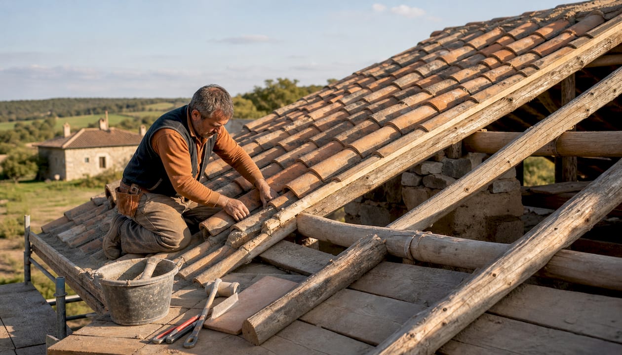 Maestro tejero colocando tejas en un típico tejado de Segovia