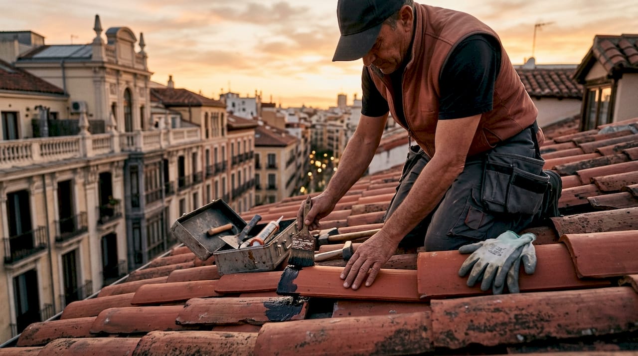 Profesional realizando trabajos de impermeabilización en la azotea