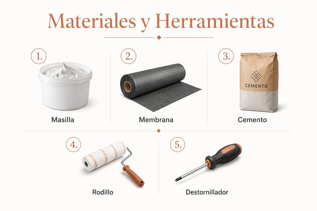 Infografía con los materiales y herramientas imprescindibles para reparar el tejado