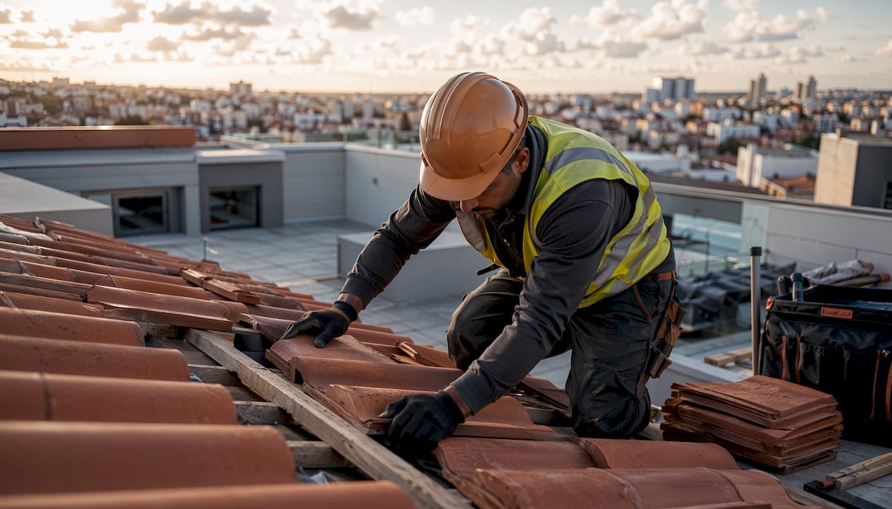 Especialista realizando trabajos de reparación en el tejado utilizando herramientas profesionales