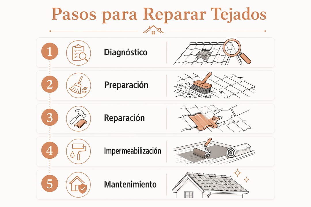 Infografía con los pasos esenciales para arreglar el tejado