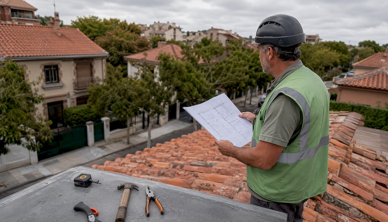Profesional revisando el estado de una cubierta de tejas en Madrid