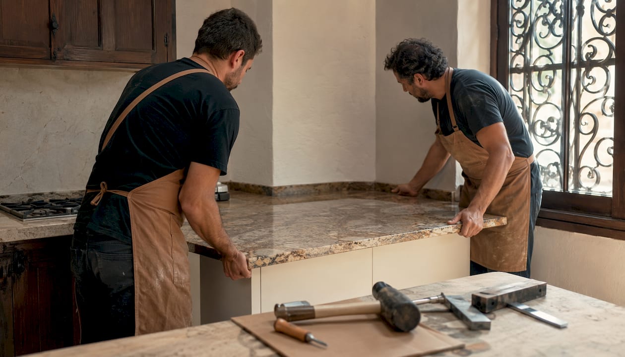 Profesionales instalando una encimera de granito en la cocina