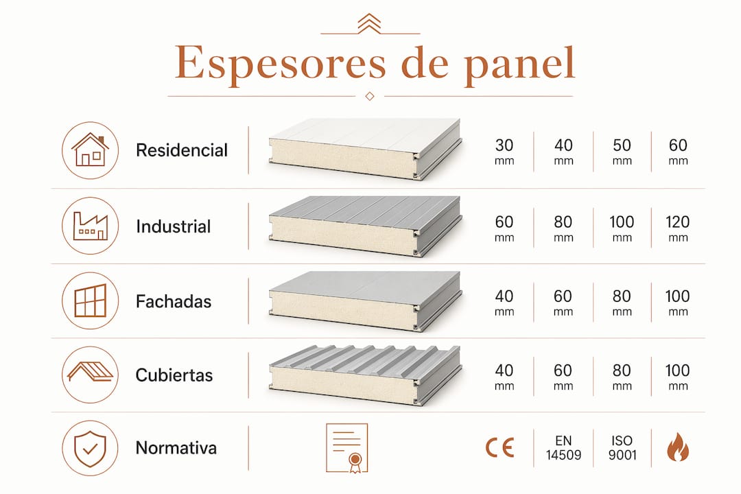 Infografía con información detallada sobre los diferentes grosores disponibles en paneles sándwich