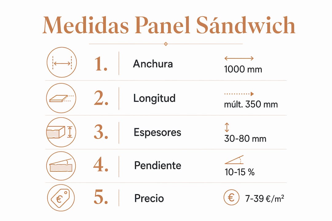 Infografía con información clave sobre dimensiones y especificaciones del panel sándwich imitación teja