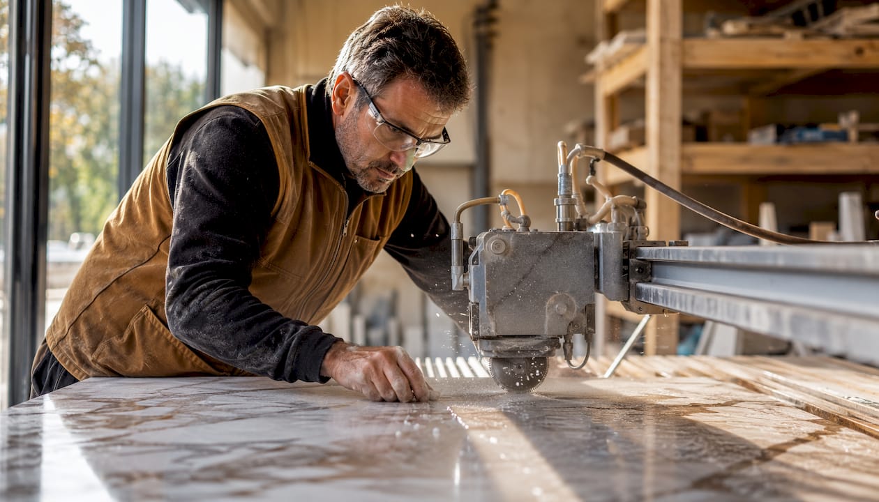 Técnico trabajando con cortadora láser en superficies de cocina