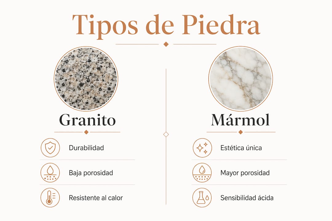 Infografía sobre las principales piedras naturales para encimeras: ventajas y diferencias