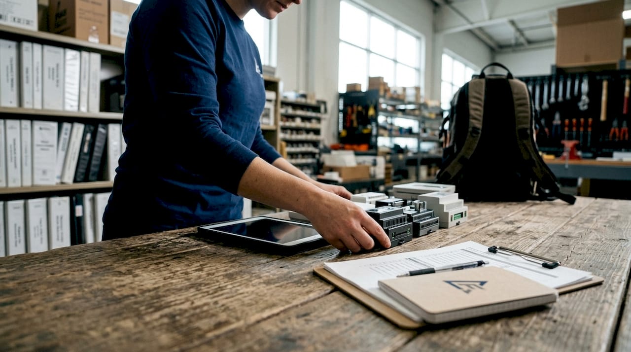 Hands organizing FM control devices on workbench