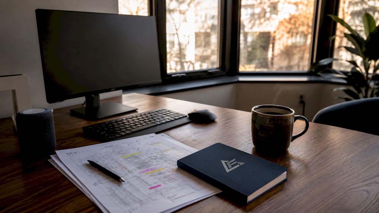 Top-down view of workspace with documents and computer
