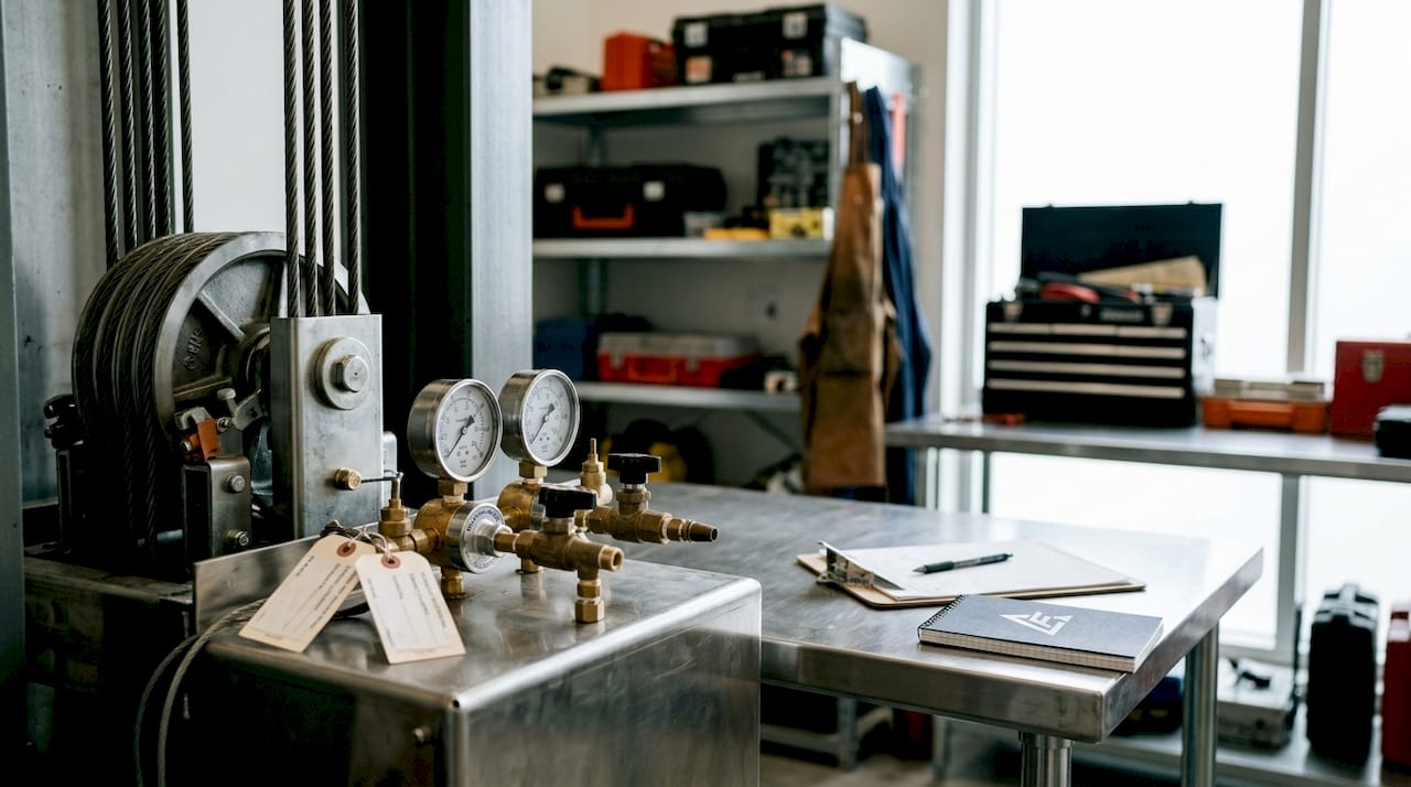Lift machinery room with inspection equipment and tools