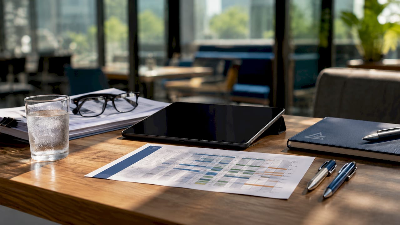Close-up of tablet and FM schedule on conference table