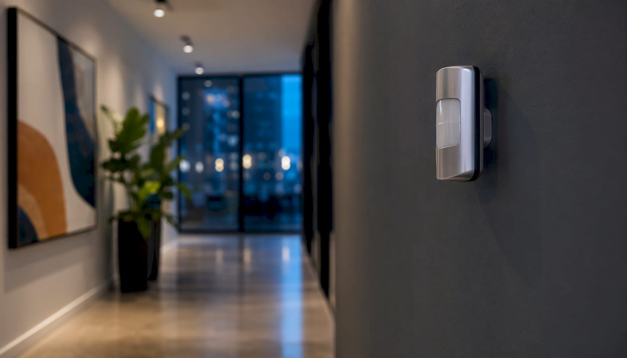 Close-up of IoT sensor on office wall