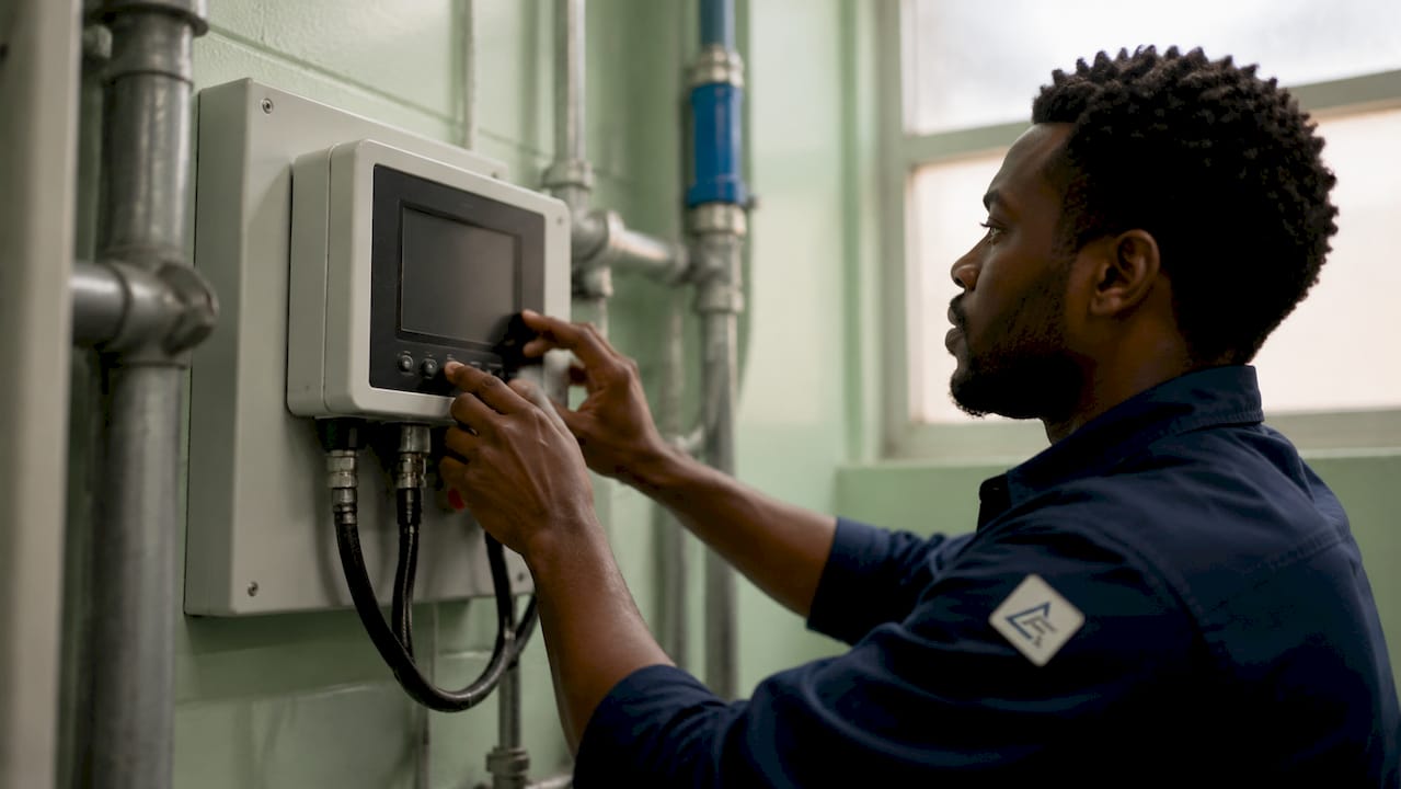 Technician adjusting carbon emissions monitor in facility